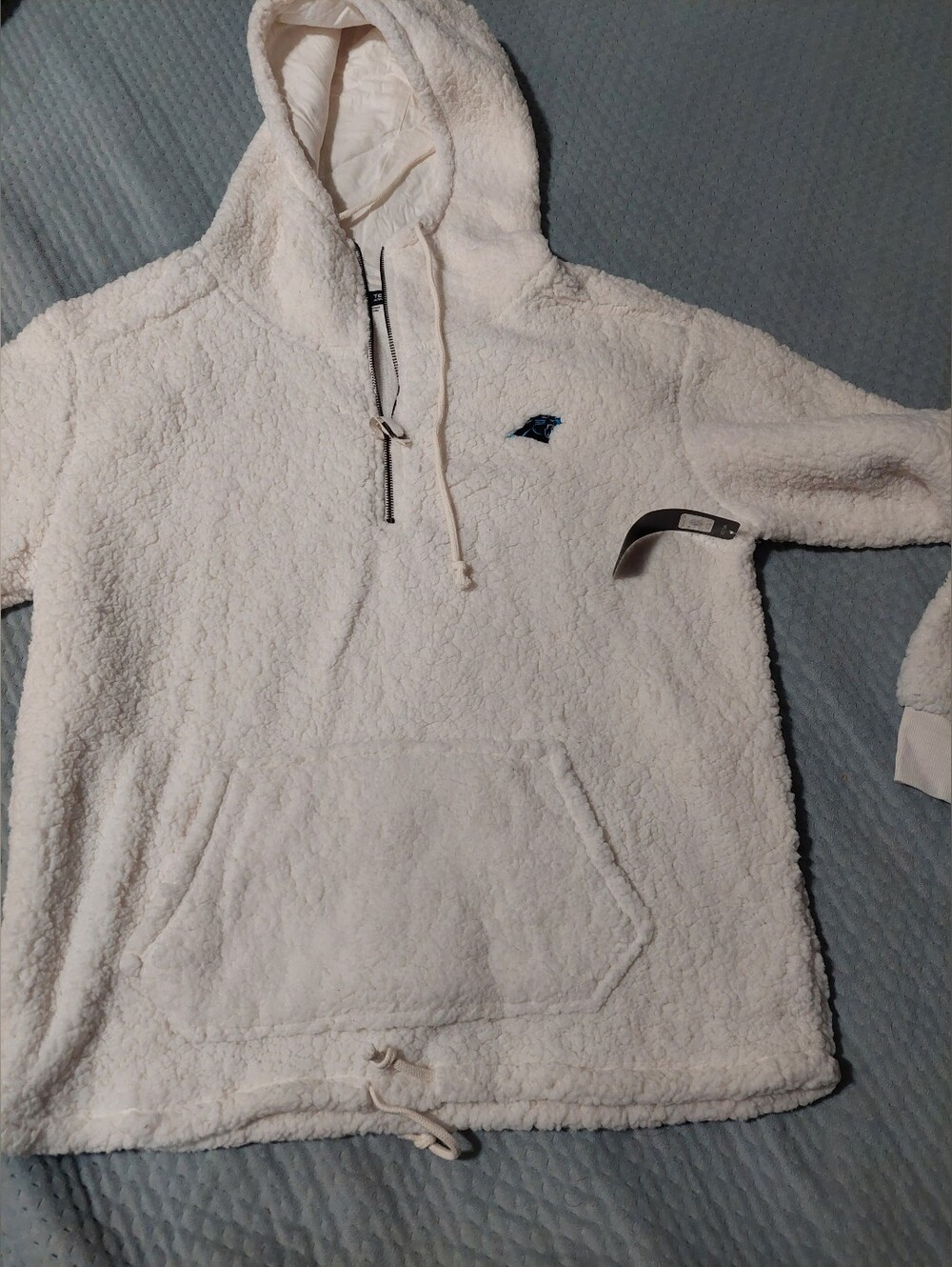 NFL Carolina Panthers Cream Sherpa Pullover Hoodie with Navy Logo